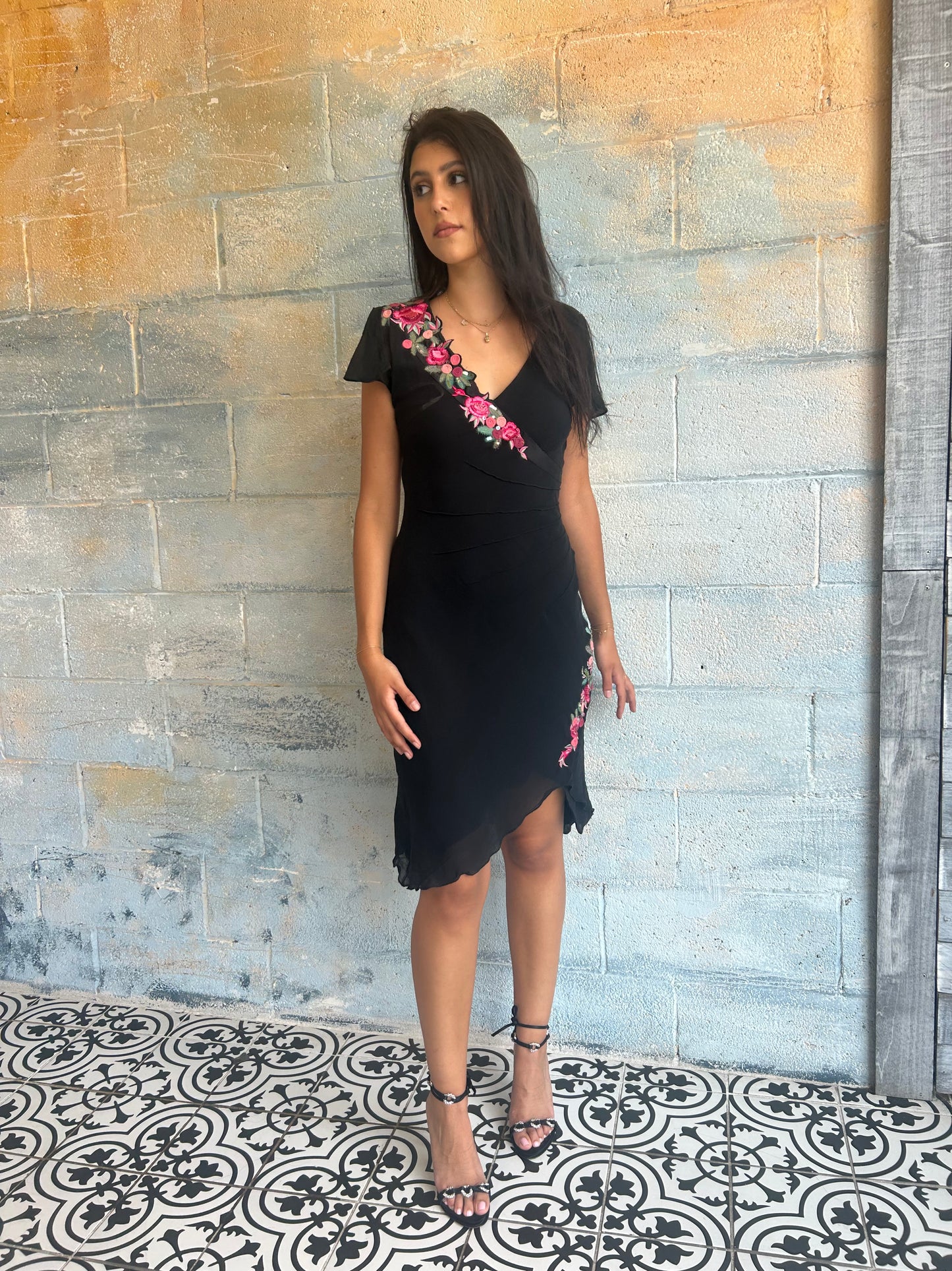 Silk Floral Embroidered Midi Dress