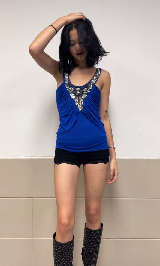 Bebe Blue Beaded Tank Top