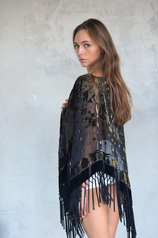 Dead-stock Burnout Velvet Fringe Poncho