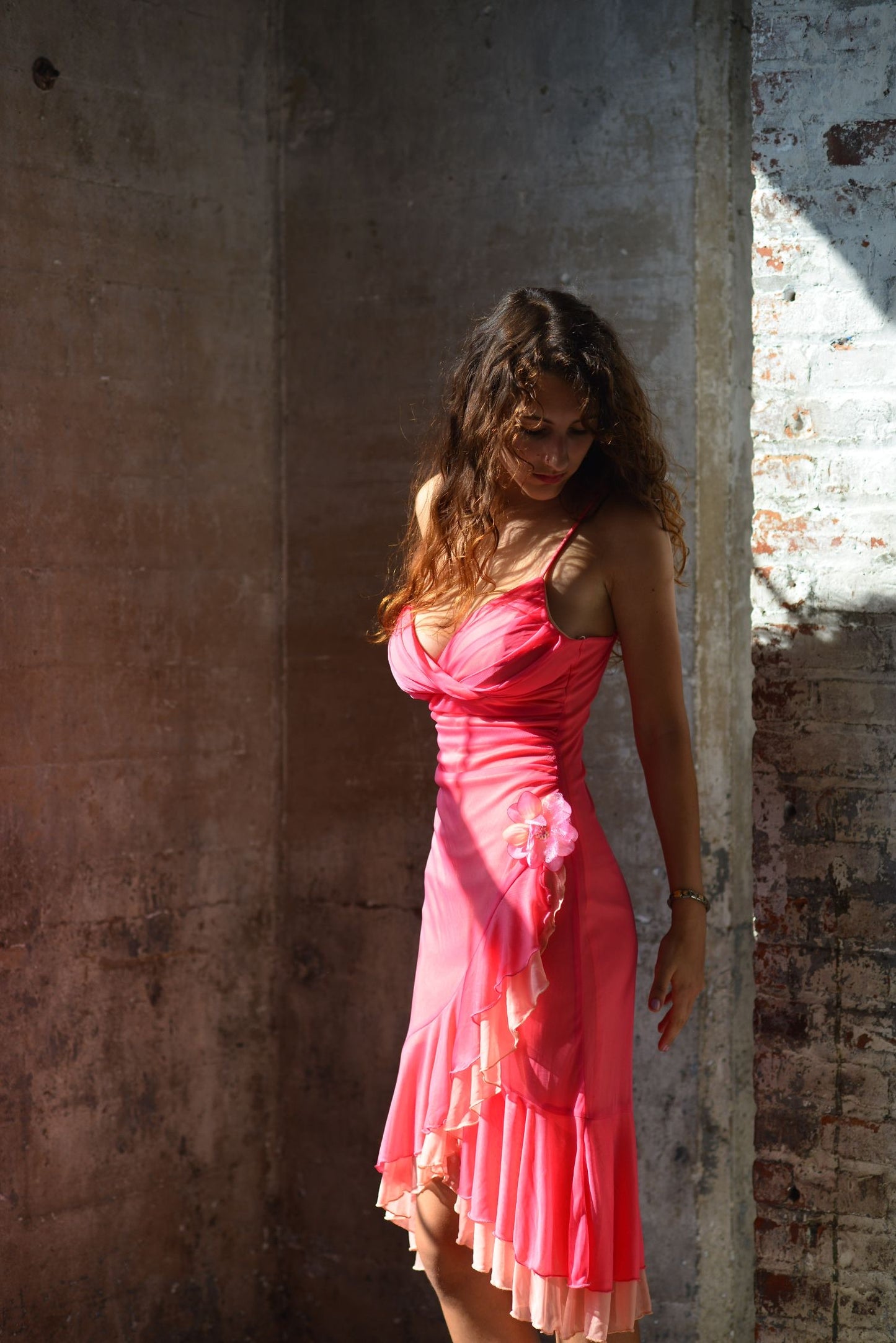 Y2k Ruffle Midi Dress with Flower Appliqué