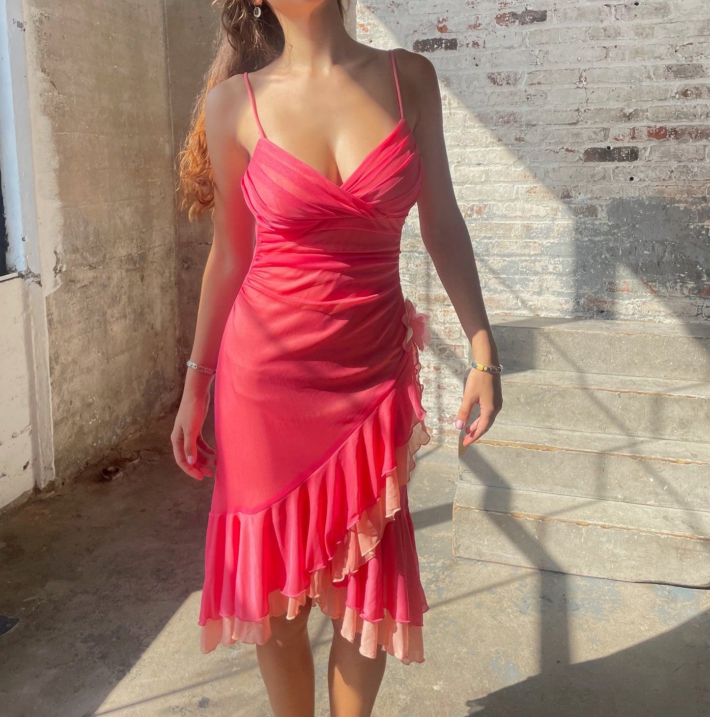 Y2k Ruffle Midi Dress with Flower Appliqué