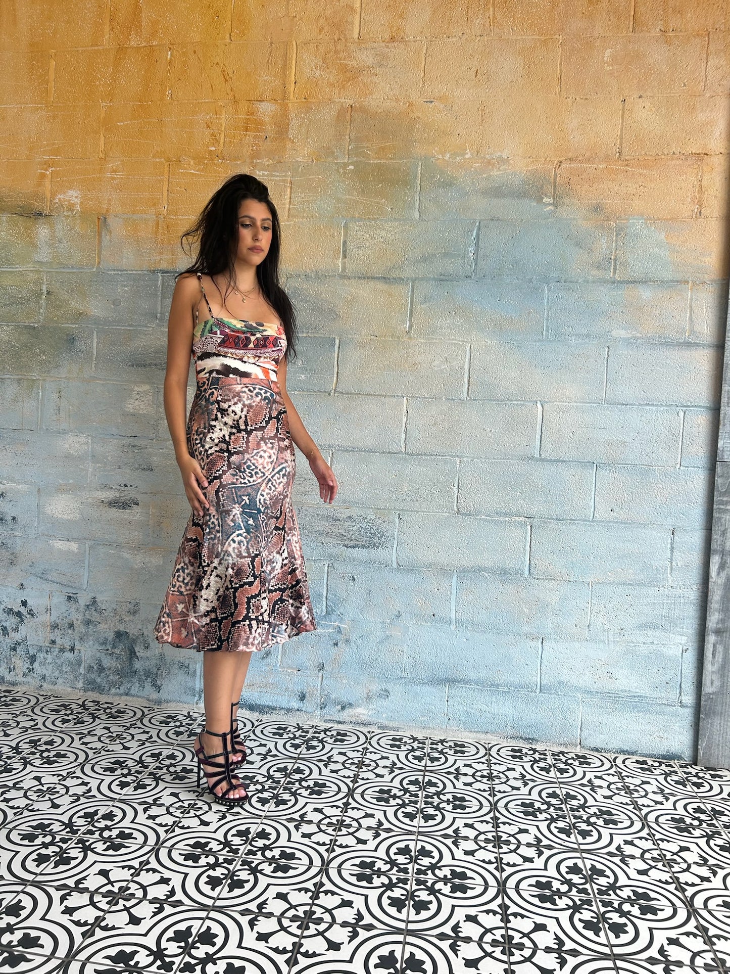 Roberto Cavalli Multicolor Snakeskin Print Silk Maxi Dress