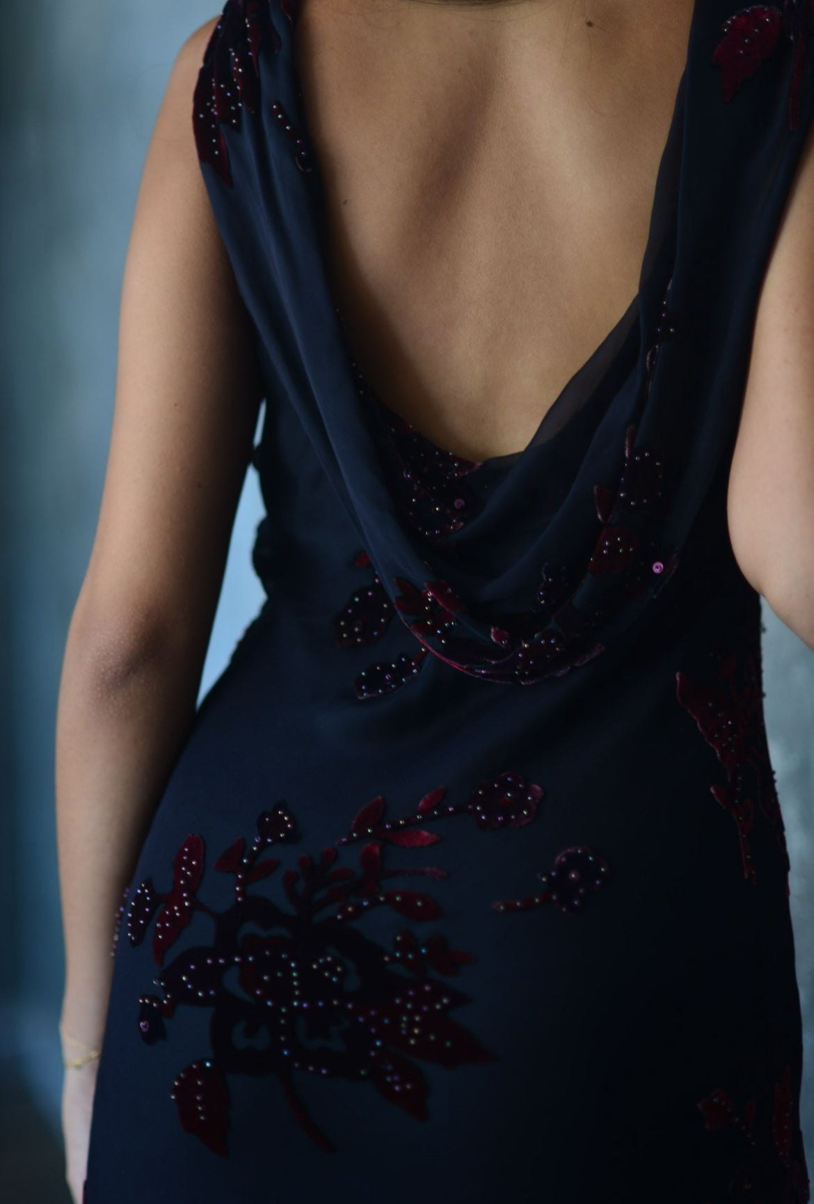 Open Back Draped Silk Beaded Gown