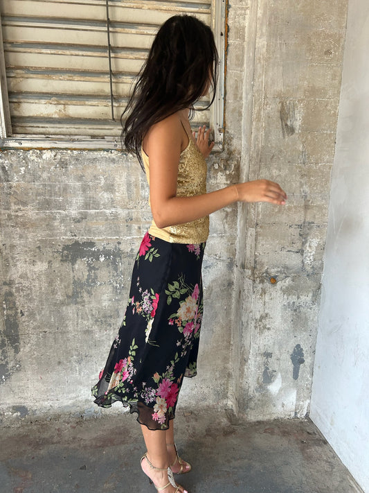 Dead-stock Silk Floral Print Midi Skirt