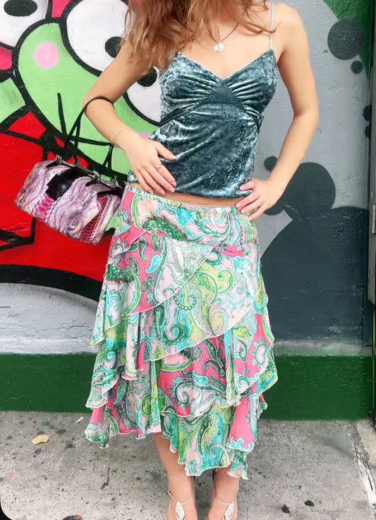Silk Beaded Paisley Print Ruffle Skirt