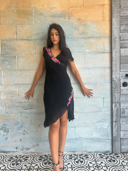 Silk Floral Embroidered Midi Dress