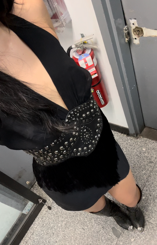Silk & Leather studded halter dress