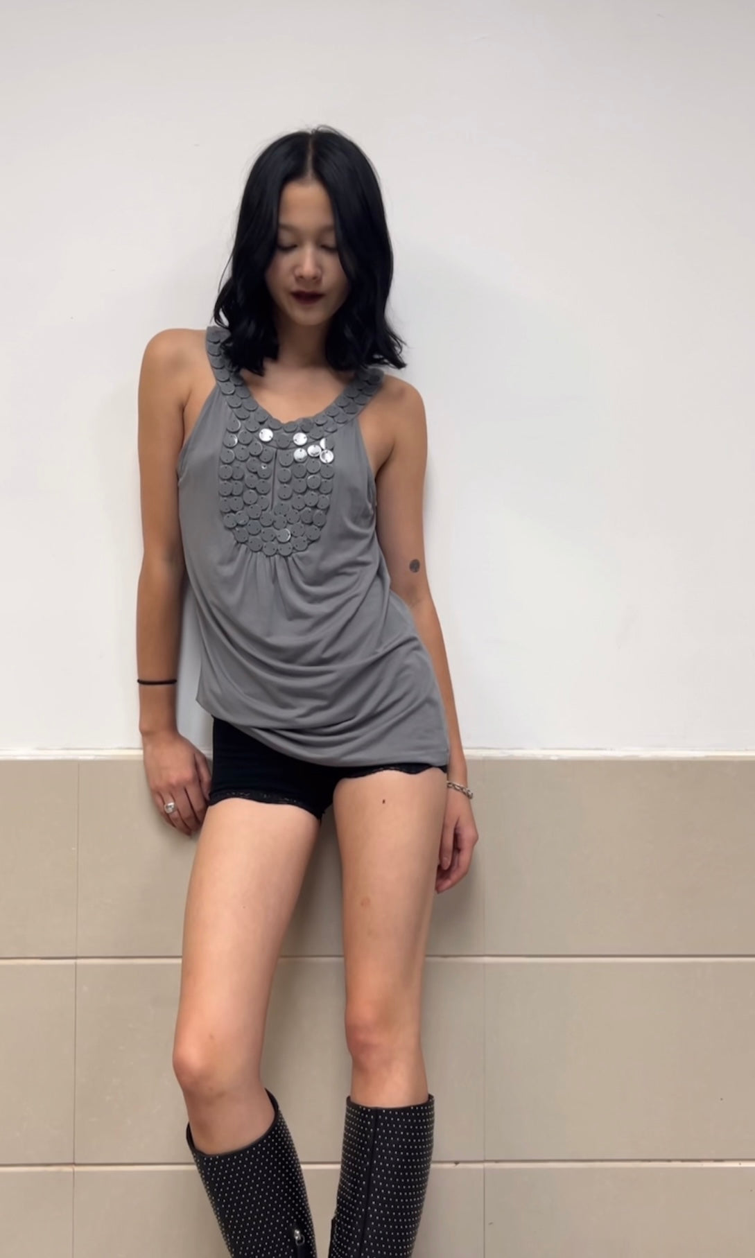Vertigo Grey Beaded Tank