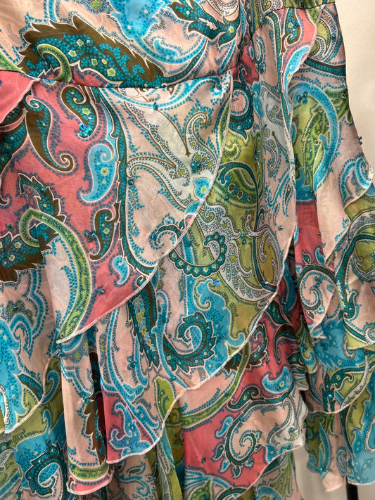 Silk Beaded Paisley Print Ruffle Skirt
