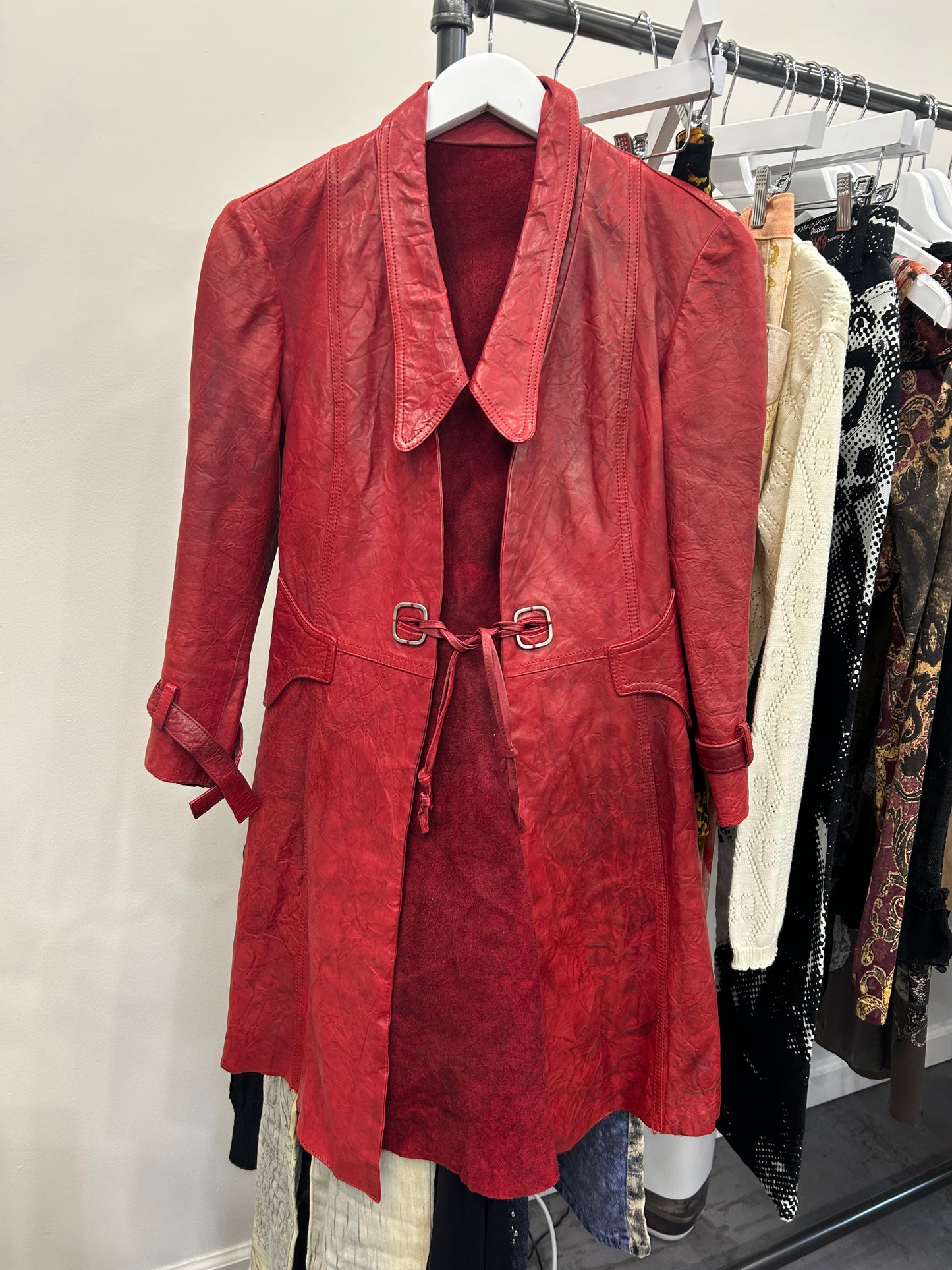 Red leather trench coat