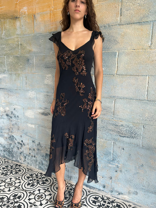 Sue Wong Silk Beaded Lace Maxi Dress