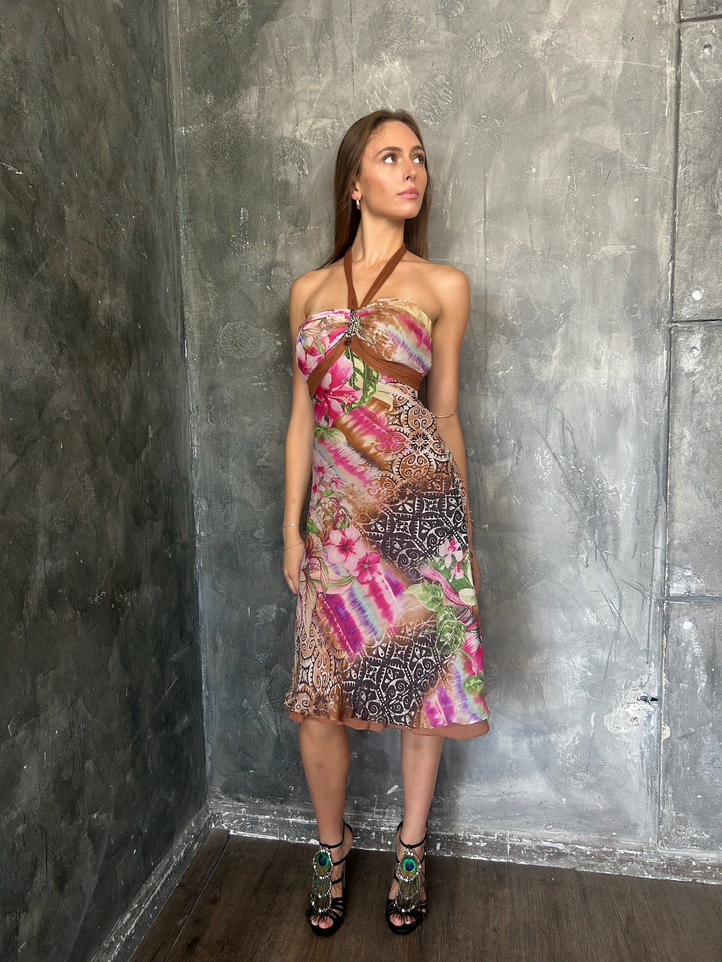 Deadstock Silk Floral Print Midi Halter Dress