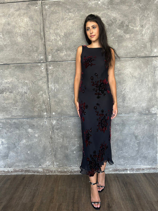 Open Back Draped Silk Beaded Gown