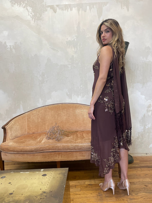 Brown 100% Silk beaded dress & scarf