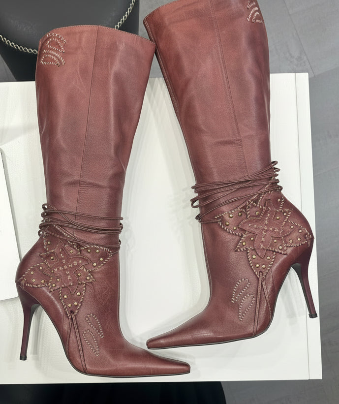 Brown Leather Flower Boots