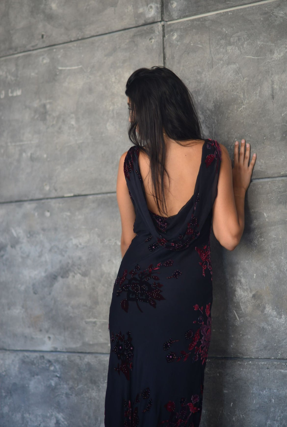 Open Back Draped Silk Beaded Gown