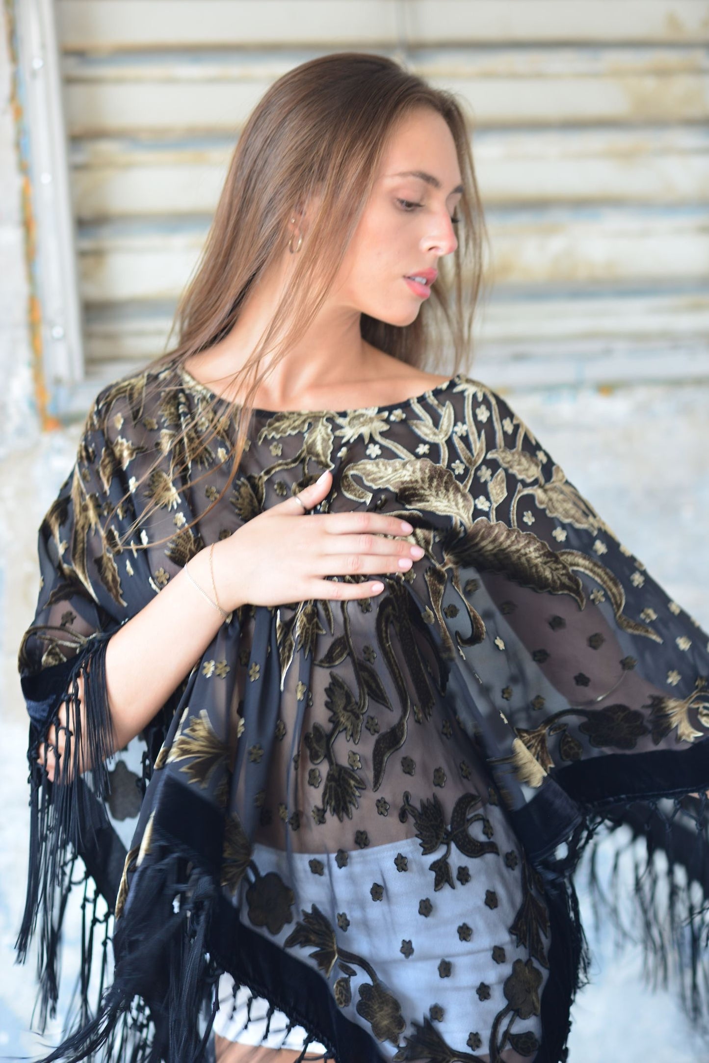 Dead-stock Burnout Velvet Fringe Poncho
