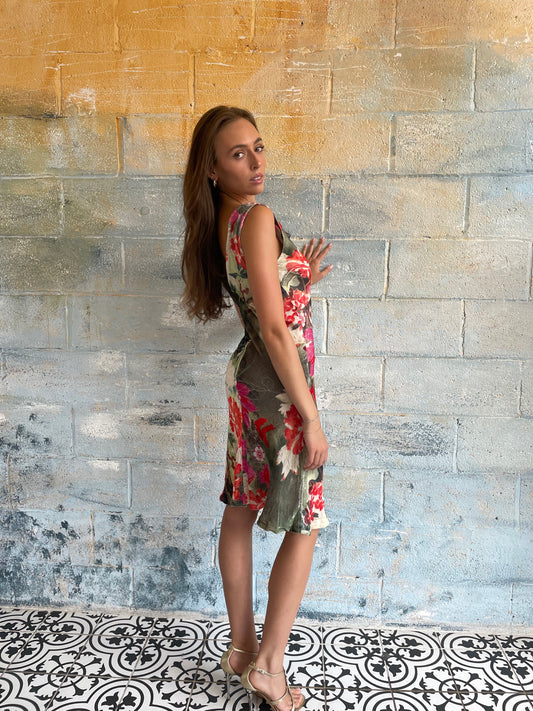 S/S 2007 Galliano Cowl Neck Floral Print Silk Velvet Dress