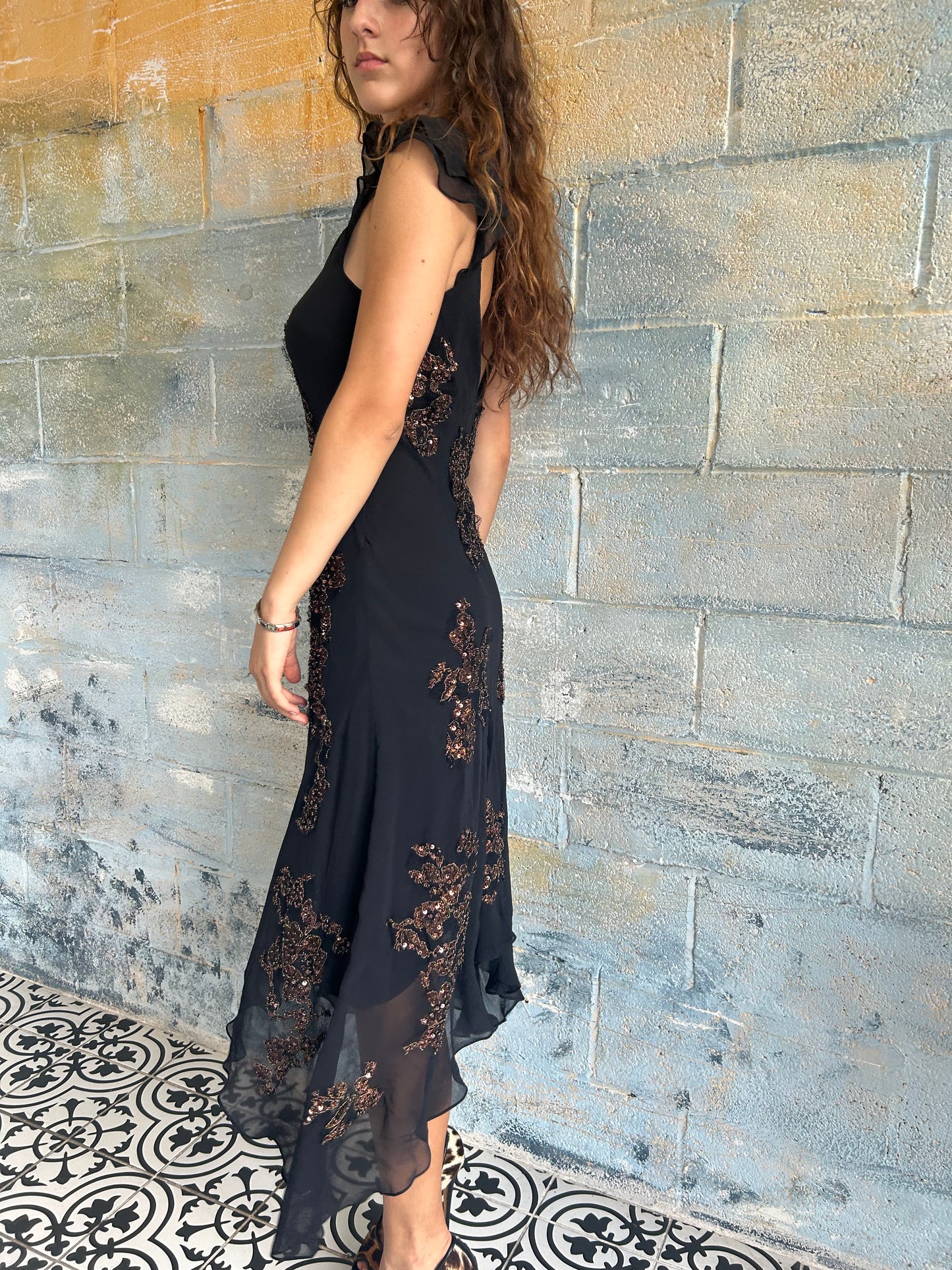 Sue Wong Silk Beaded Lace Maxi Dress