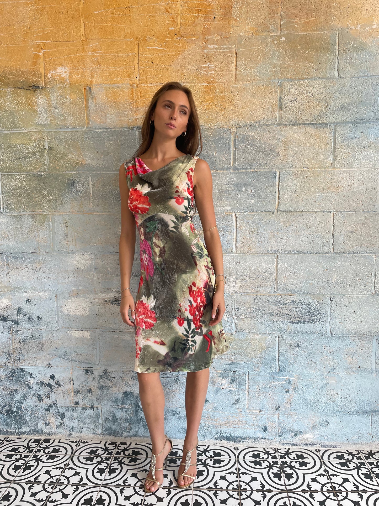 S/S 2007 Galliano Cowl Neck Floral Print Silk Velvet Dress
