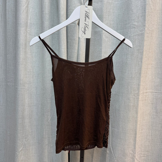 Brown Mesh Beaded Tank Top