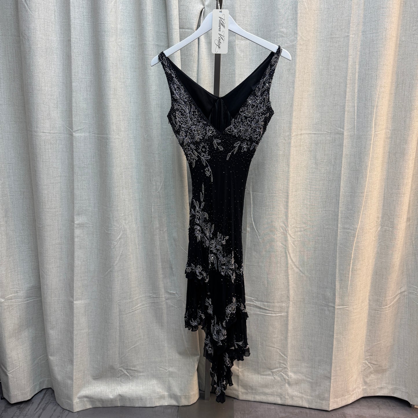 Black and White Asymmetrical Beaded Maxi Dress