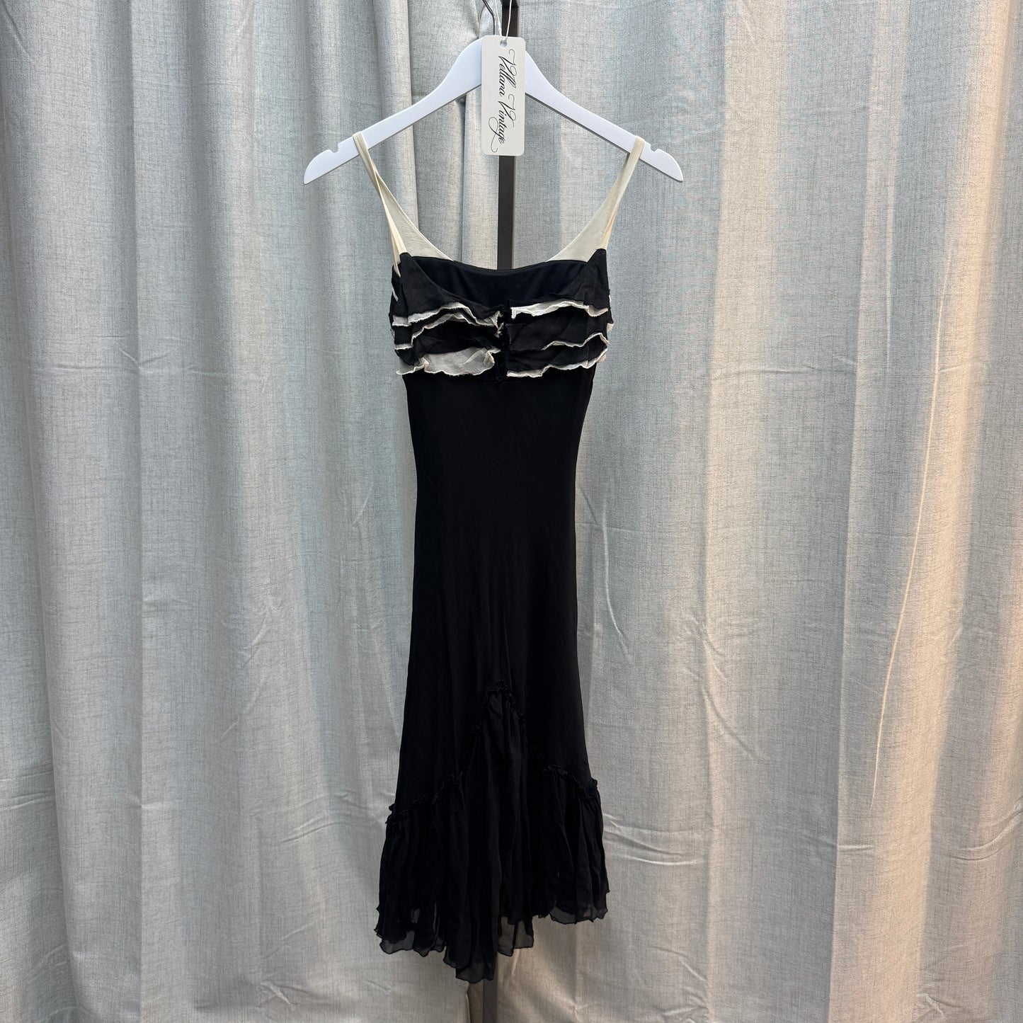 MNG Paris Silk Ruffle Black and White Midi Dress