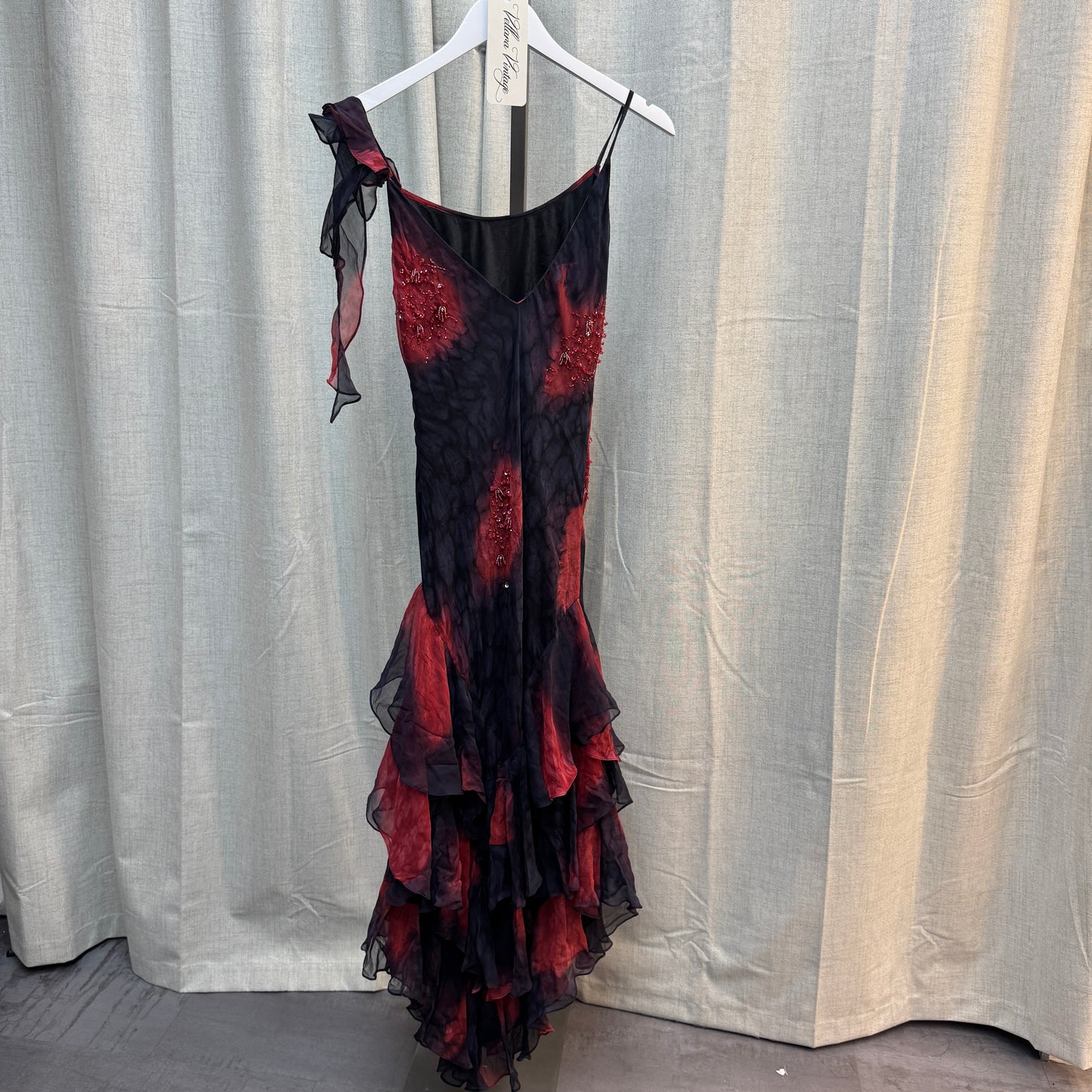 Red and Black Ruffle Layered Beaded Silk Maxi Dress