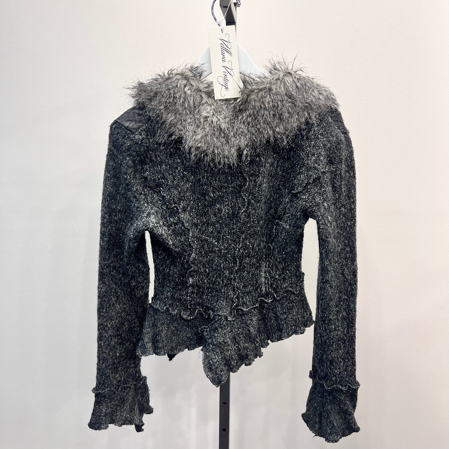 Grey Fur Trim Studded Sweater