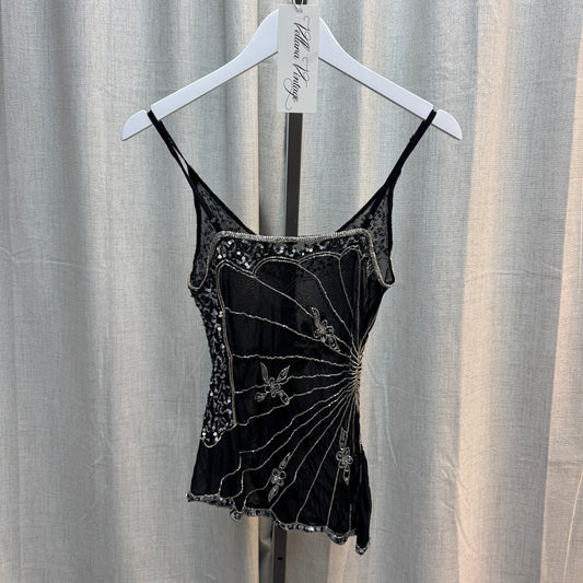Black Sheer Floral Sequin Beaded Tank Top