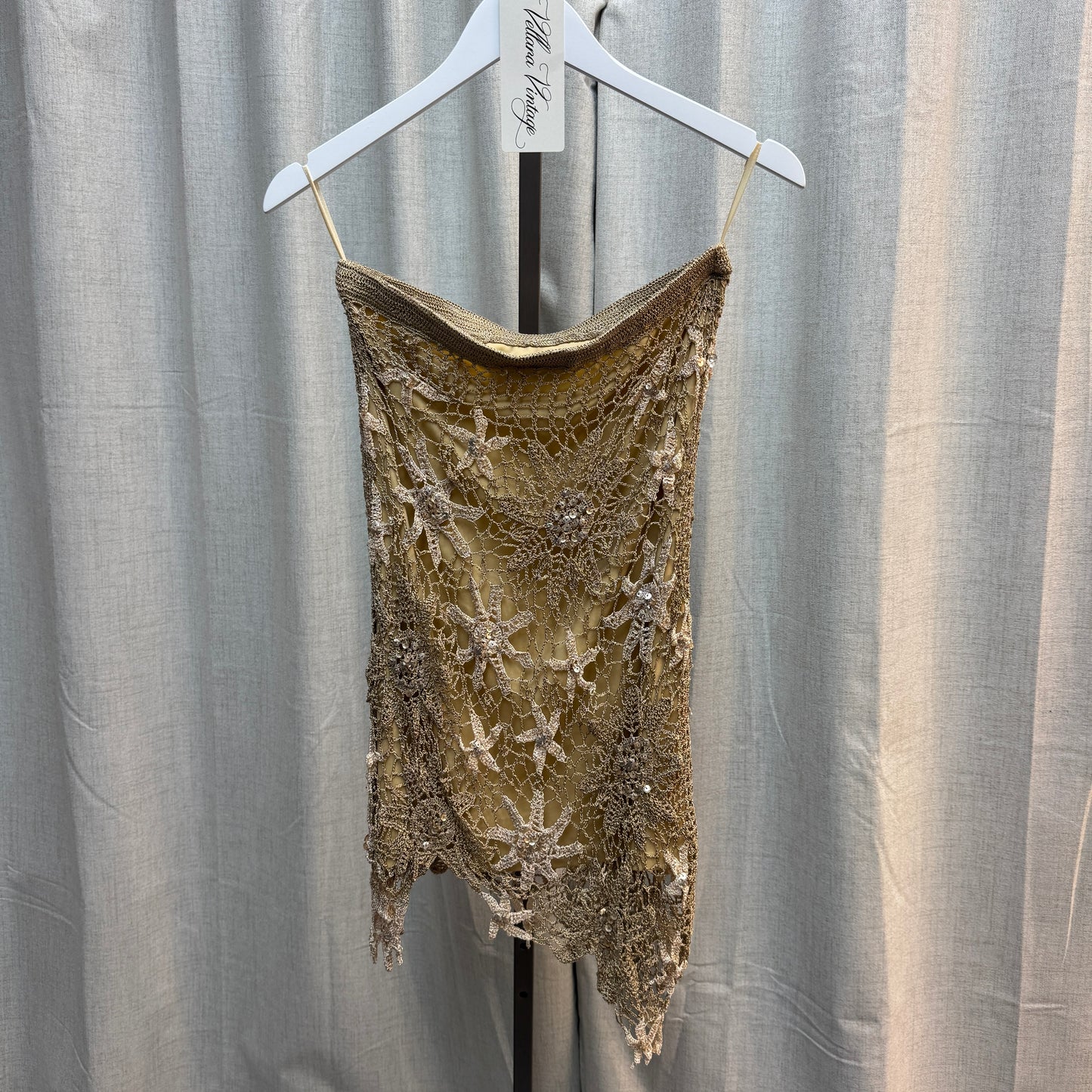 Nicowa Tan Sequin Seashell Crochet Midi Skirt