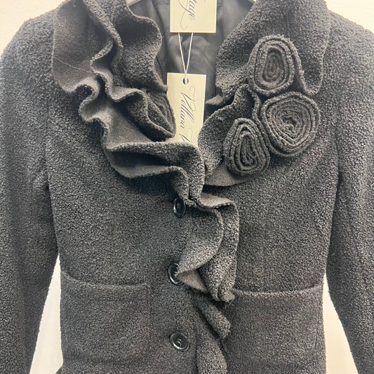 Black Boucle Blazer with Floral Accent