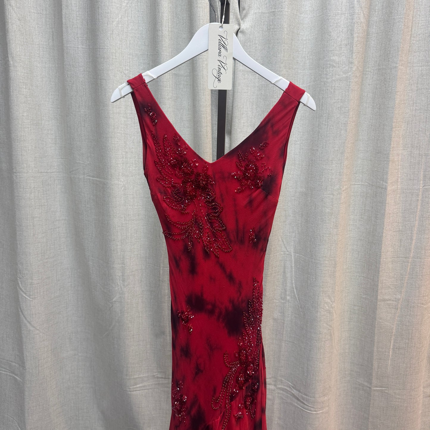 Red and Black Tie Dye Floral Beaded Silk Maxi Dress