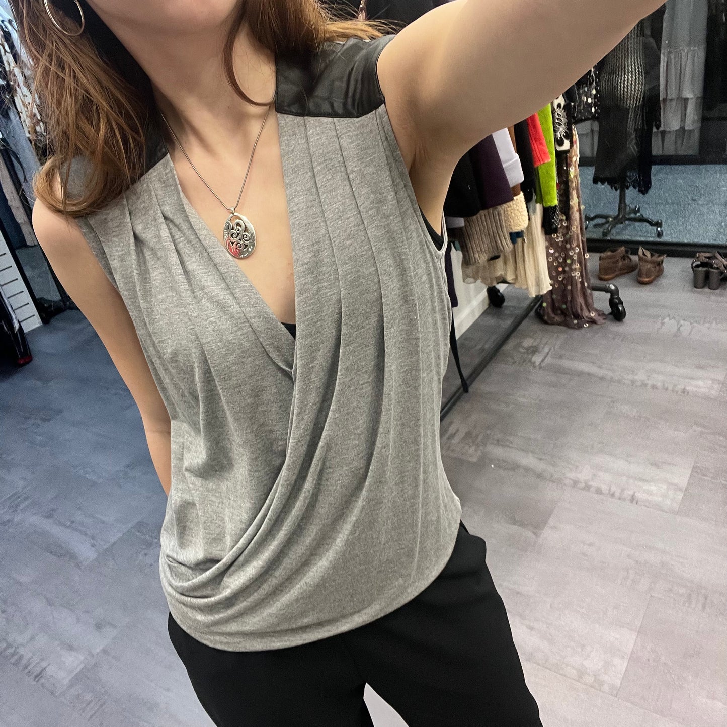 Grey Draped Top with Leather Shoulder Accents