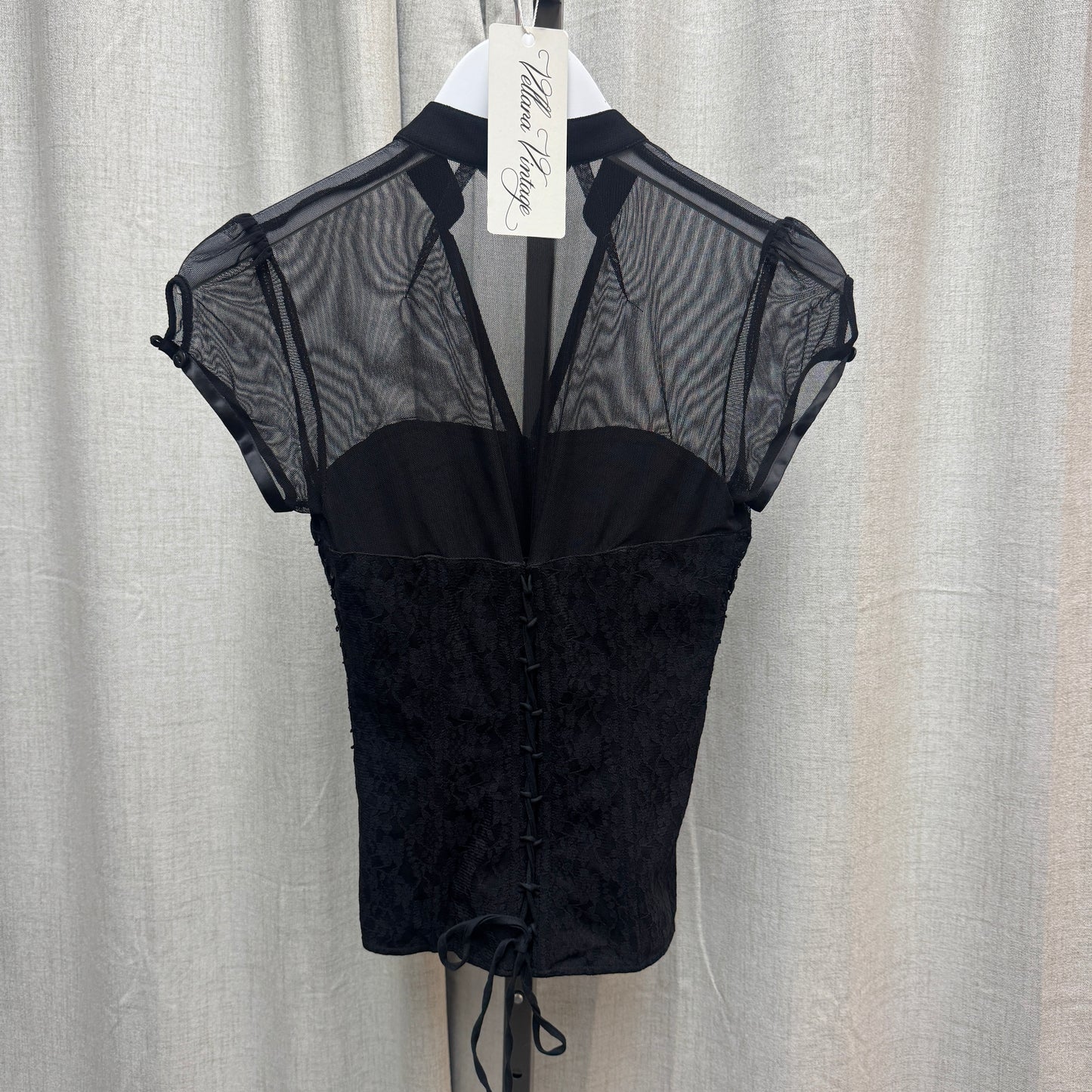 Black Lace Sheer Sequin Corset-Style Blouse