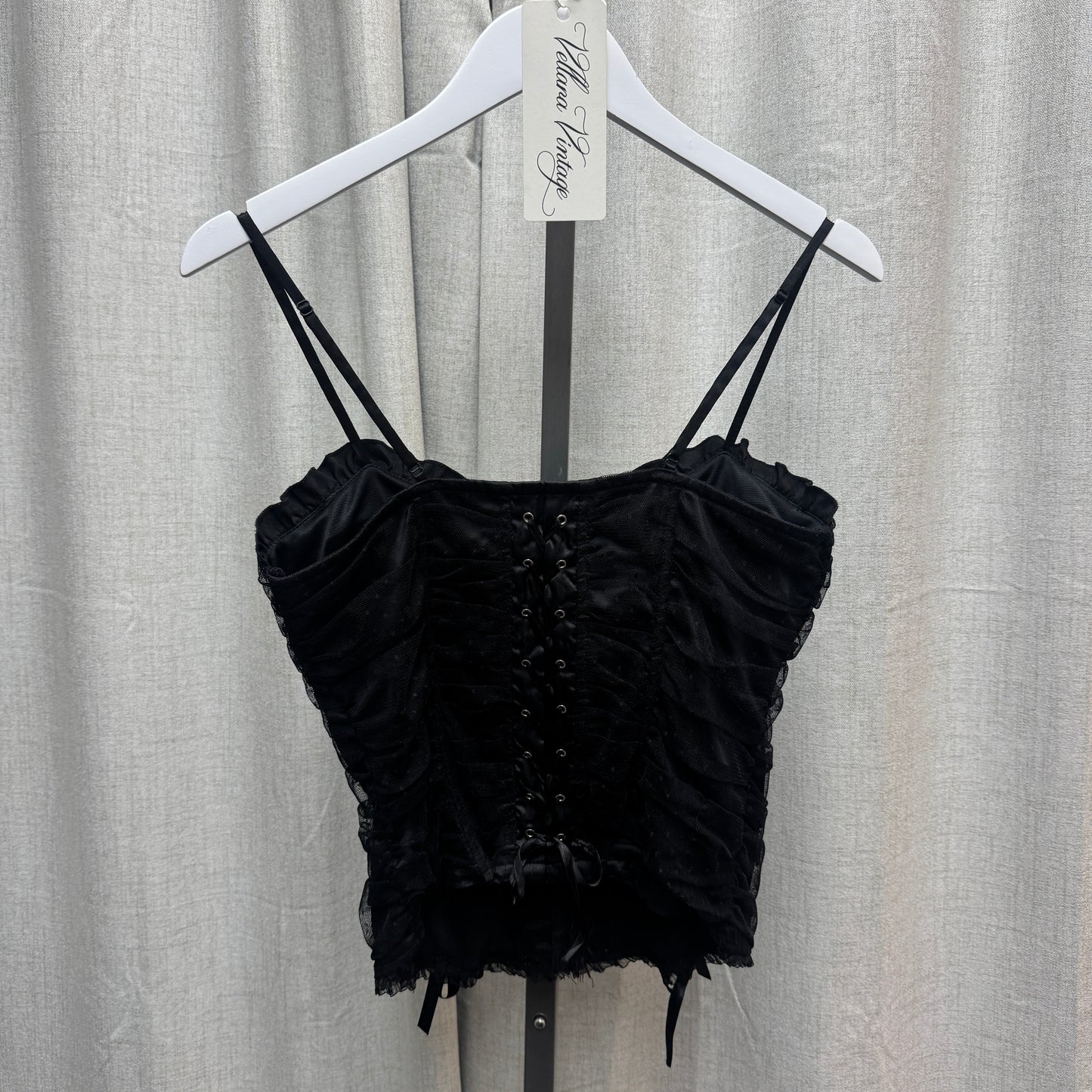 Black Lace Ruched Ribbon Lace-Up Corset-Style Top