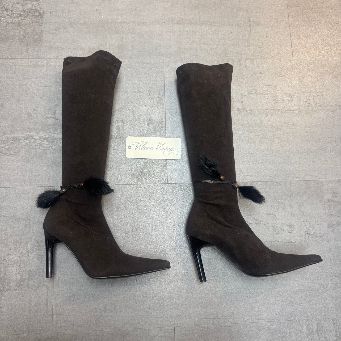 Fluxa Brown Suede Knee-High Stiletto Boots with Fur Tassel