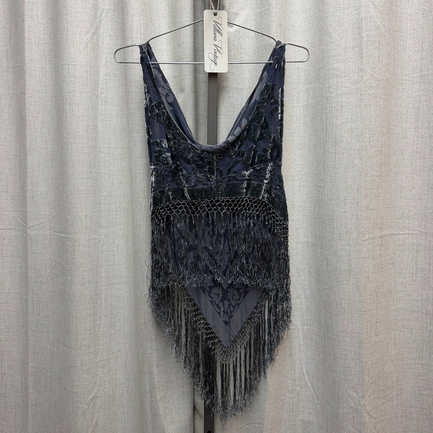 Blue Crushed Velvet Cowl Neck Fringe Top