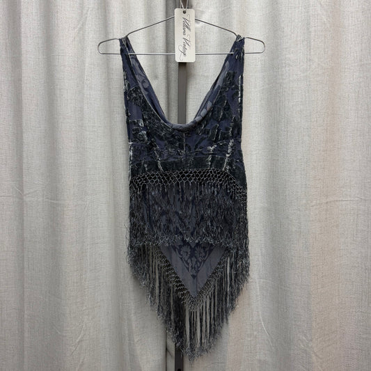 Blue Crushed Velvet Cowl Neck Fringe Top