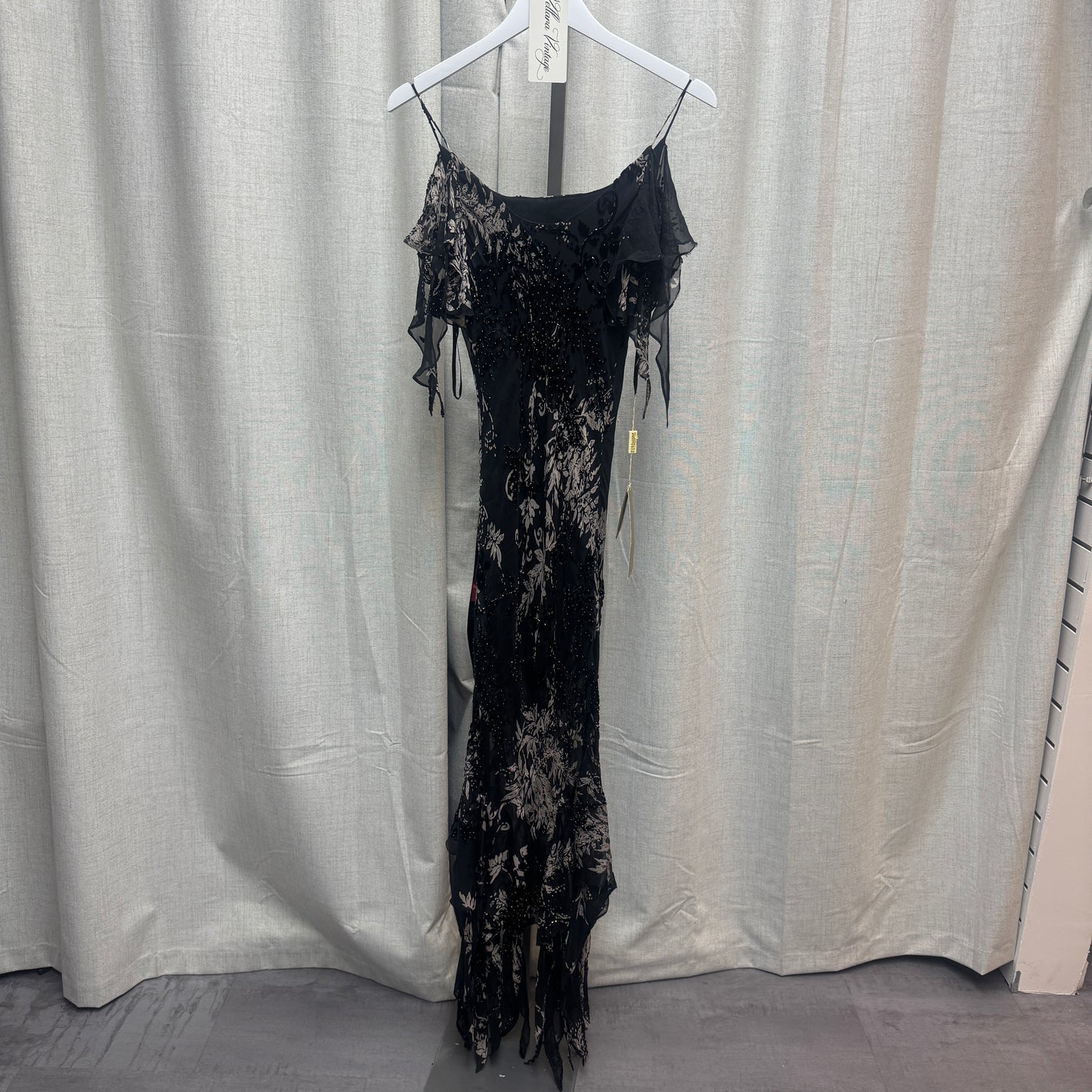 Euromoda Couture Silk Black Floral Beaded Maxi Dress