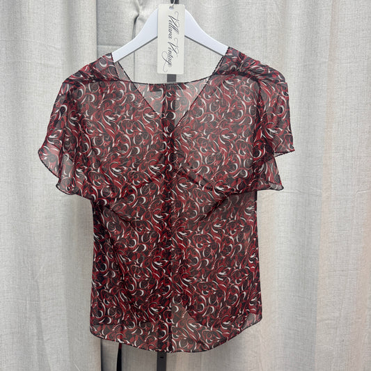 Miu Miu Red Abstract Printed Chiffon Ruche Short Sleeve Blouse