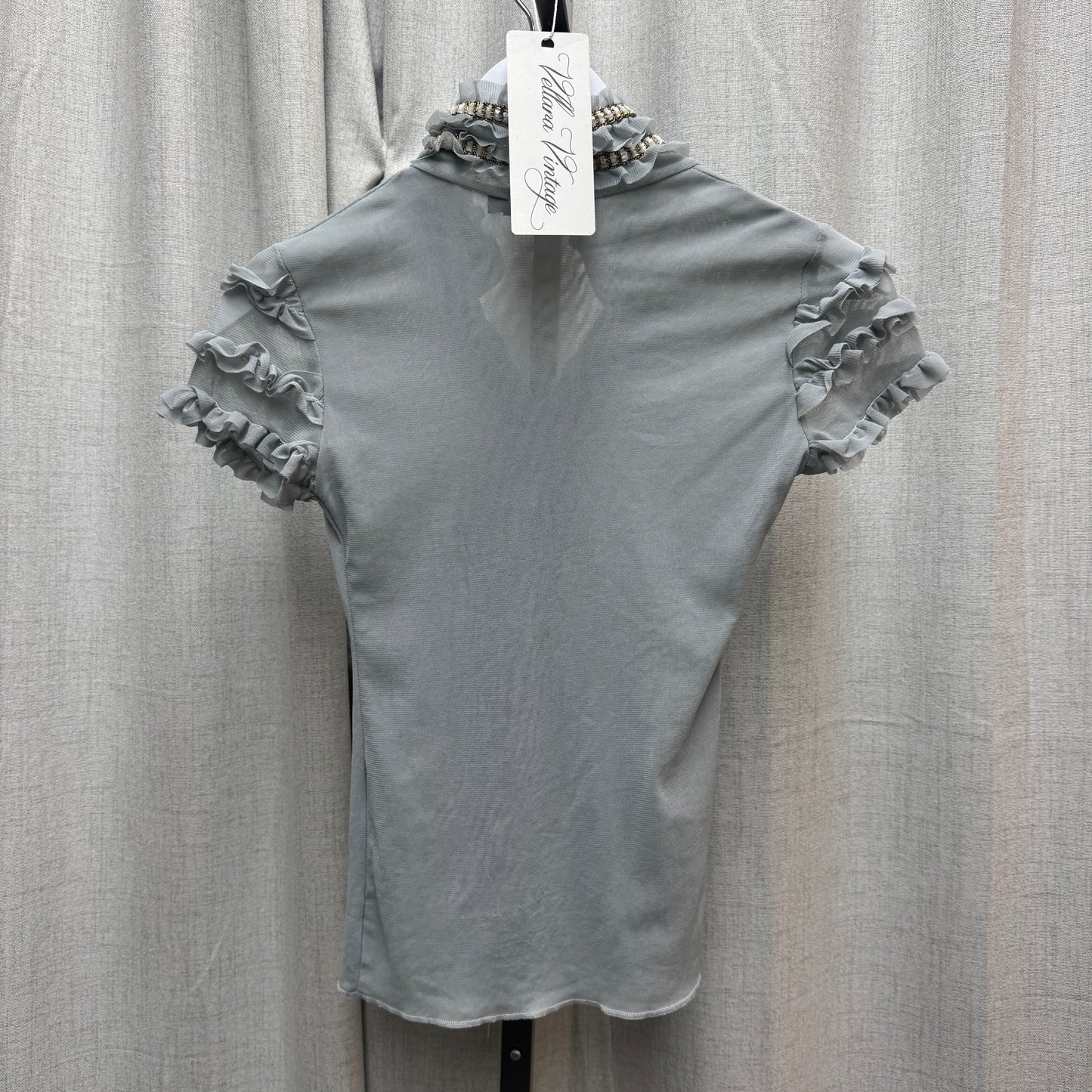 Rinascimento Pale Blue Lace Ruffle Button Up Short Sleeve Blouse