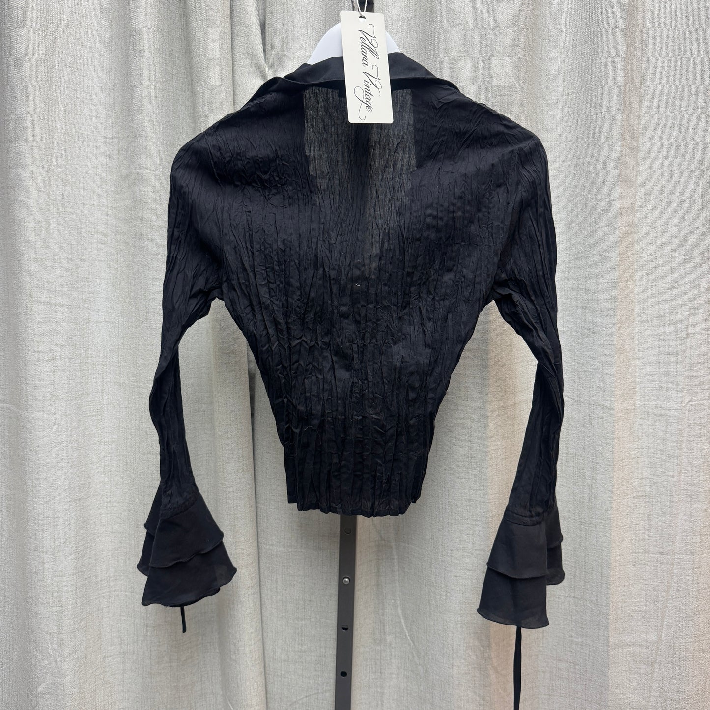 Black Bell Sleeve Crinkle Blouse w/ Floral Appliqués