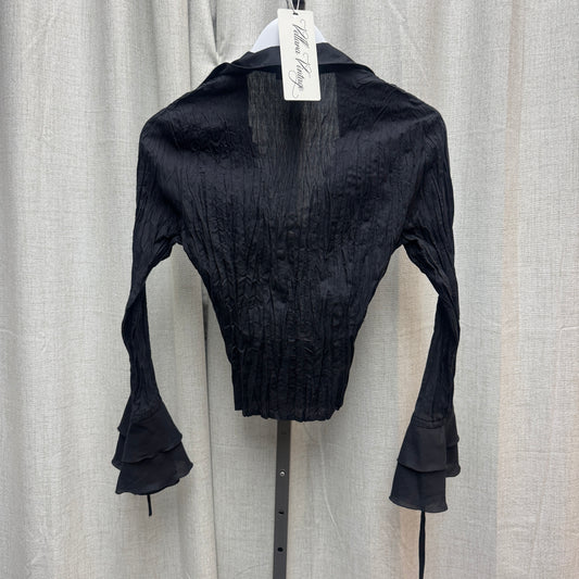 Black Bell Sleeve Crinkle Blouse w/ Floral Appliqués