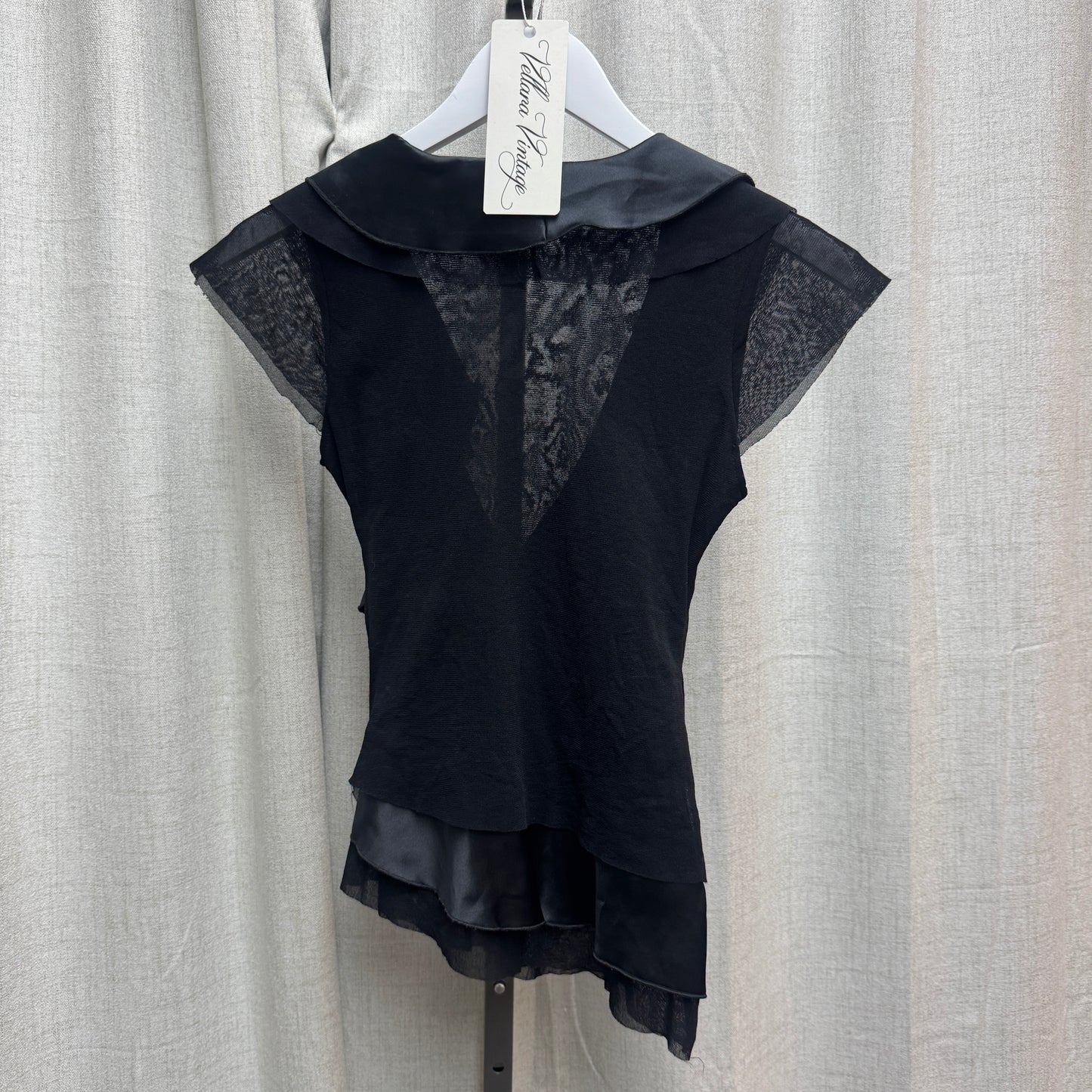 Etam Black Low-Cut Sheer Satin Ruffle V-Neck Short Sleeve Blouse