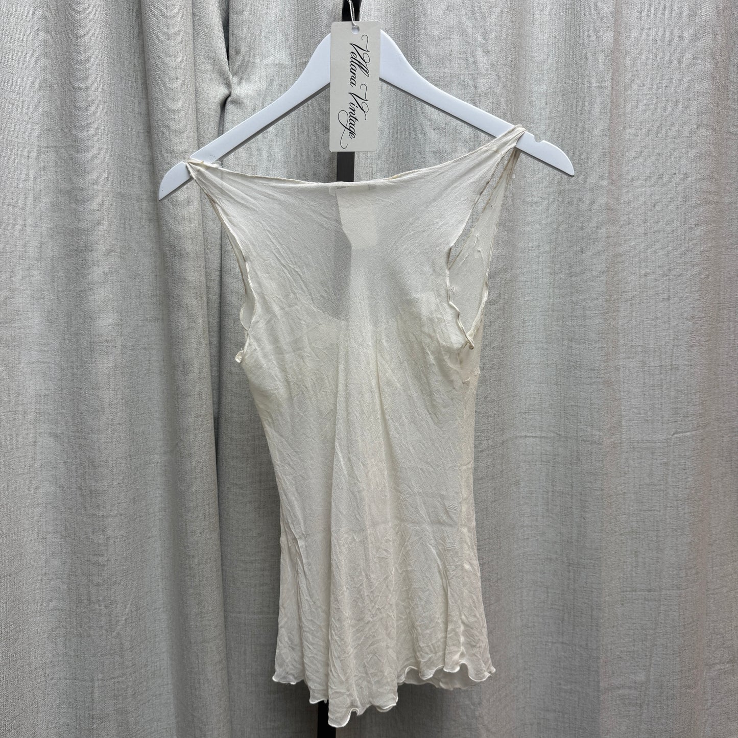 White Silk Semi-Sheer Tank Top w/ Floral Appliqués