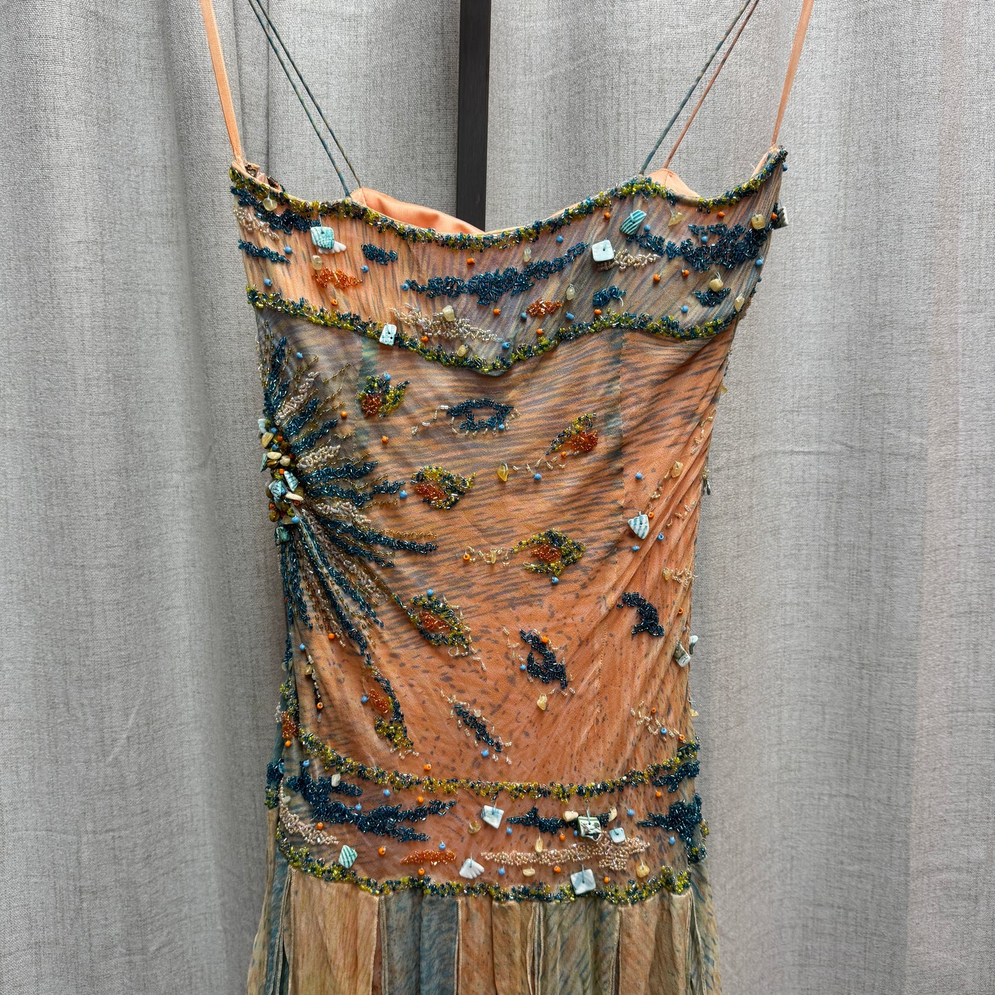 Blue and Peach Silk Seashell Beaded Midi Dress
