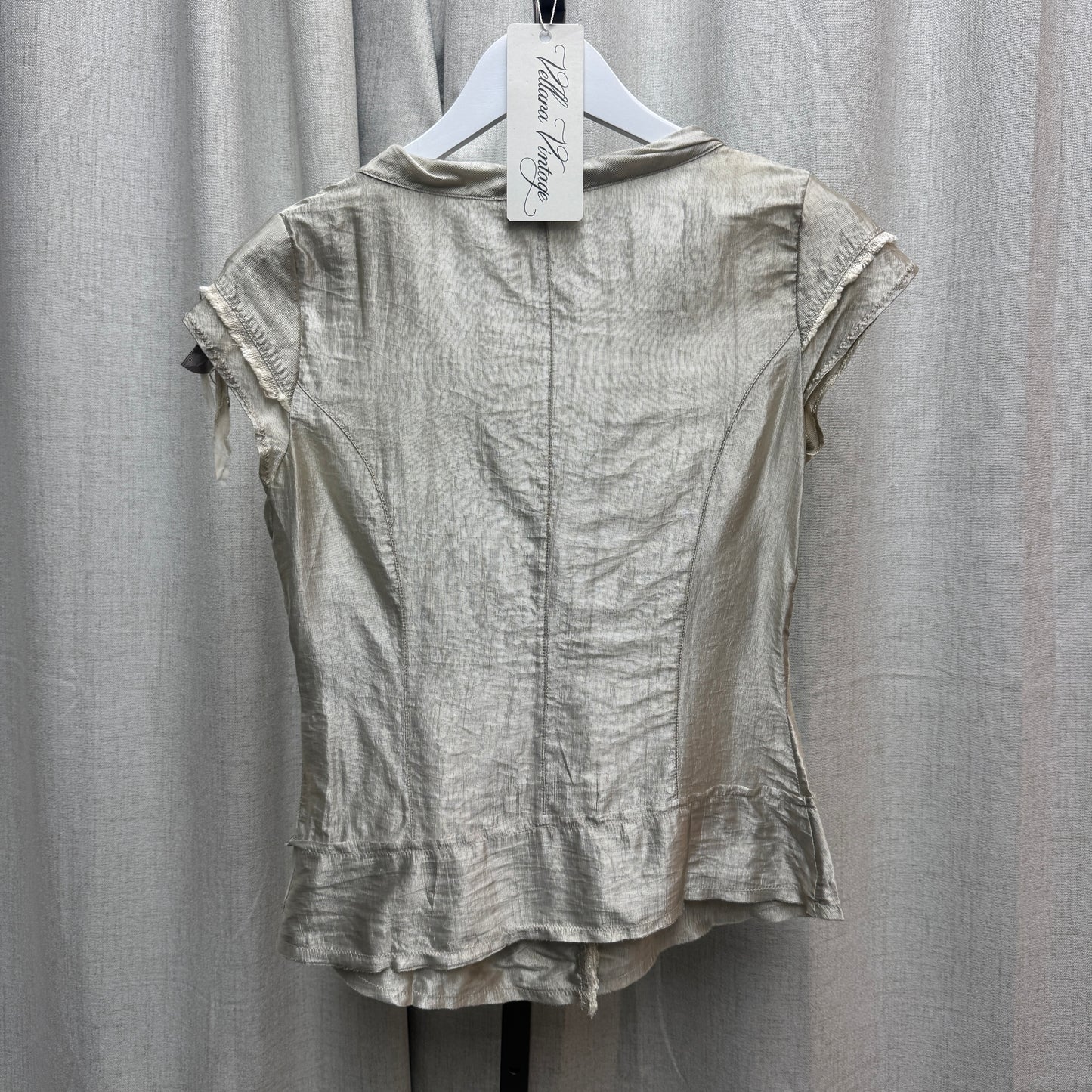 Shiny Silver Low-Cut Button Blouse w/ Floral Details