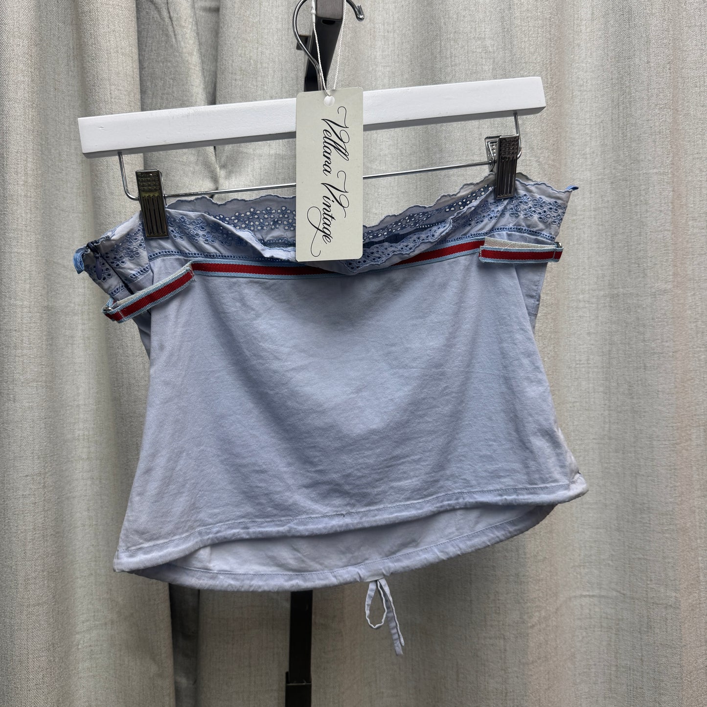 Miu Miu Embroidered Blue Tie Strapless Cotton Tank Top