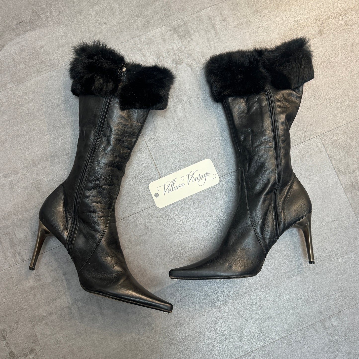 Black Leather Rabbit Fur Stiletto Boots